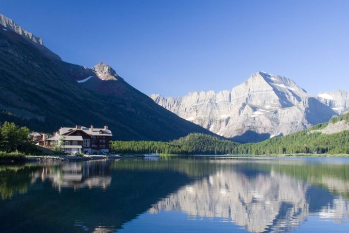 tranquil mountain lake scene in glacier national park