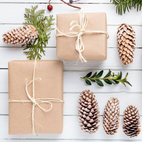 gift boxes and pine cones
