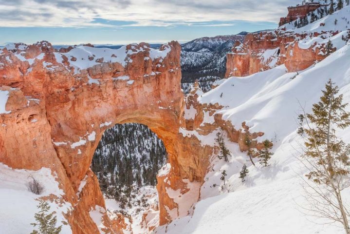 snow covering a natural bridge in bryce canyon national park