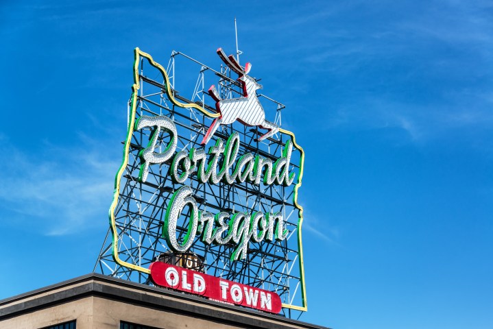 Portland's famous Old Town sign with leaping deer shape