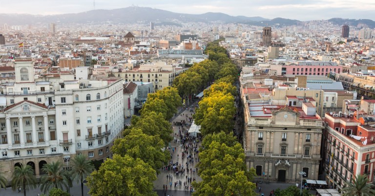 aerial view of a tree-lined street surrounded by a cityscape in Barcelona