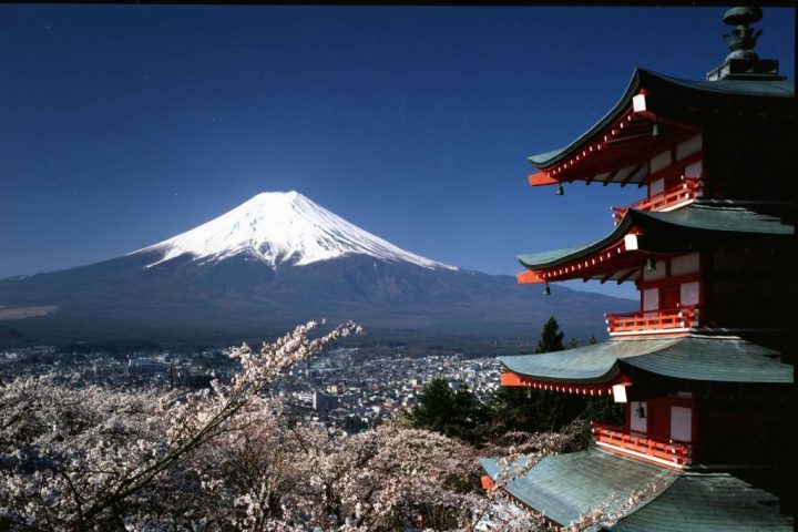 Chureito Peace Pagoda with mount fuji in the distance