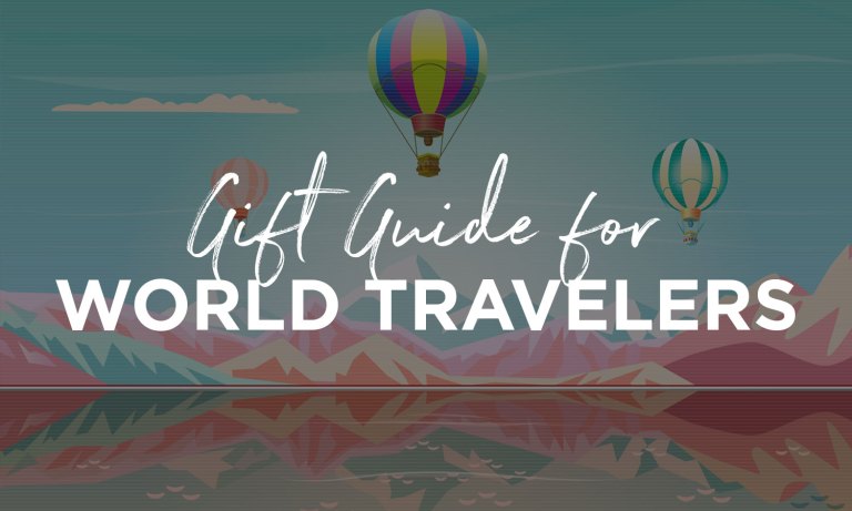 hot air balloon clip art with overlaid text reading gift guide for world travelers