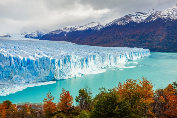 View of Glaciar Perito Moreno with fall trees