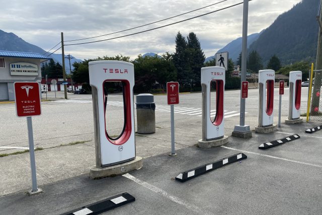 A bank of EV chargers in Hope, British Columbia